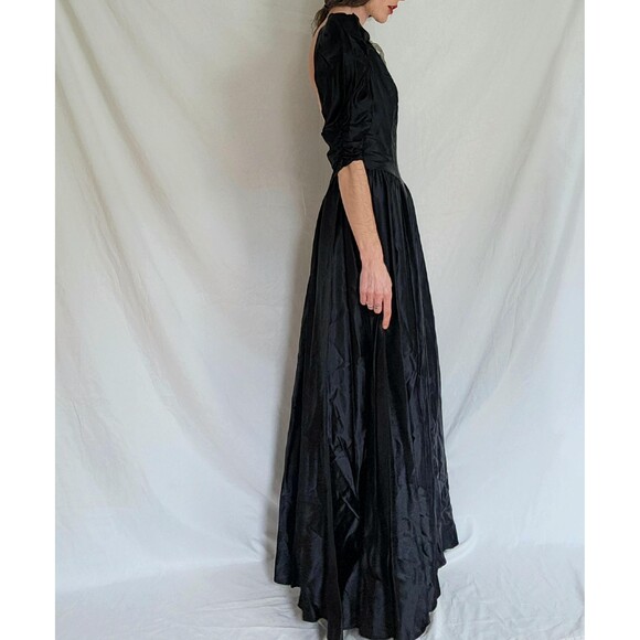 1980s Vintage Black Satin Puff Sleeve Prom Dress: Gothic Formal Gown, Womens M - Picture 11 of 13